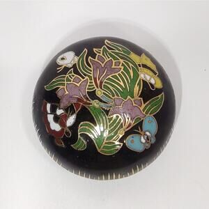 Chinese Floral Cloisonne Enamel And Brass Round Pill Box Vintage Butterfly Dish